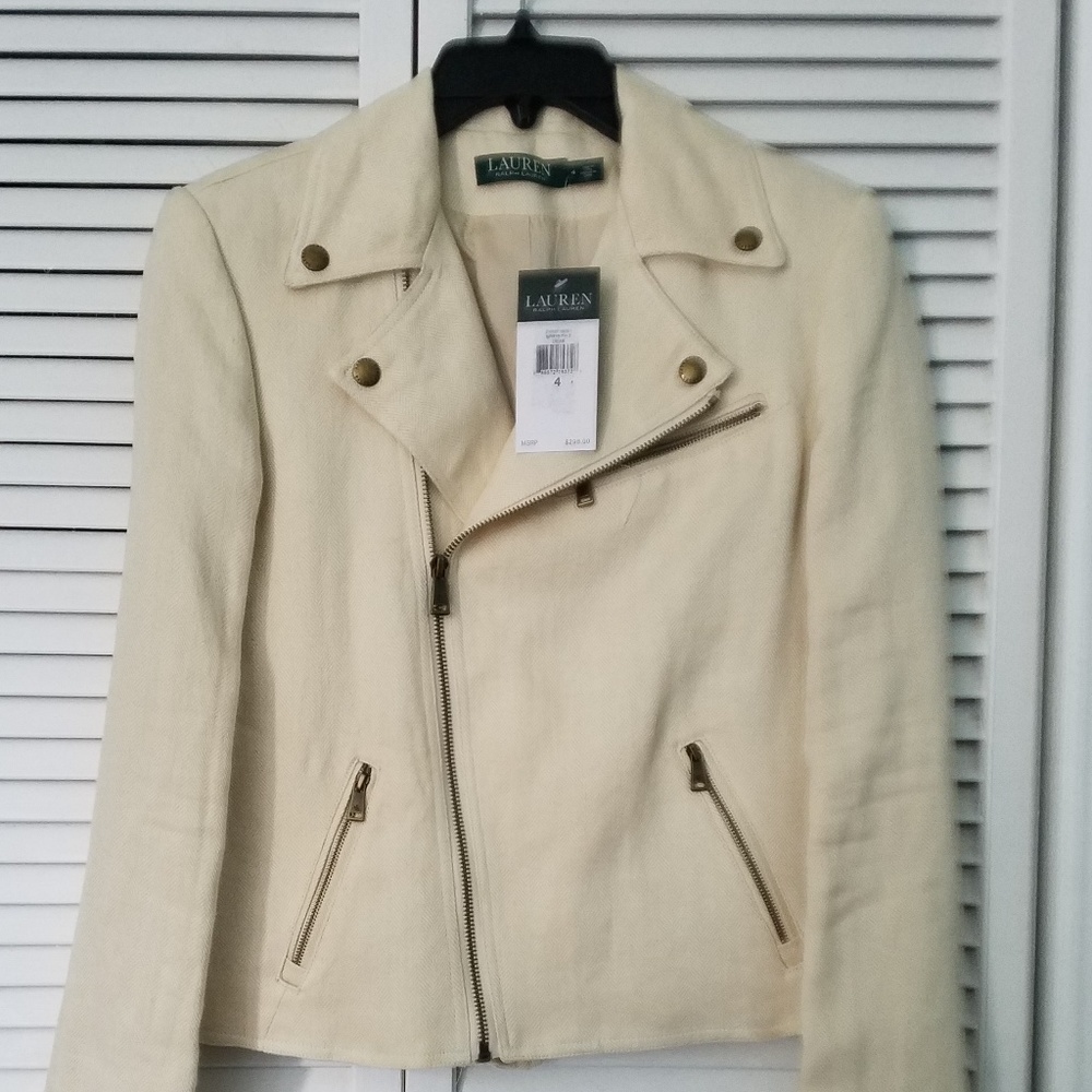 Ralph Lauren Herringbone Linen Moto Jacket Size 4